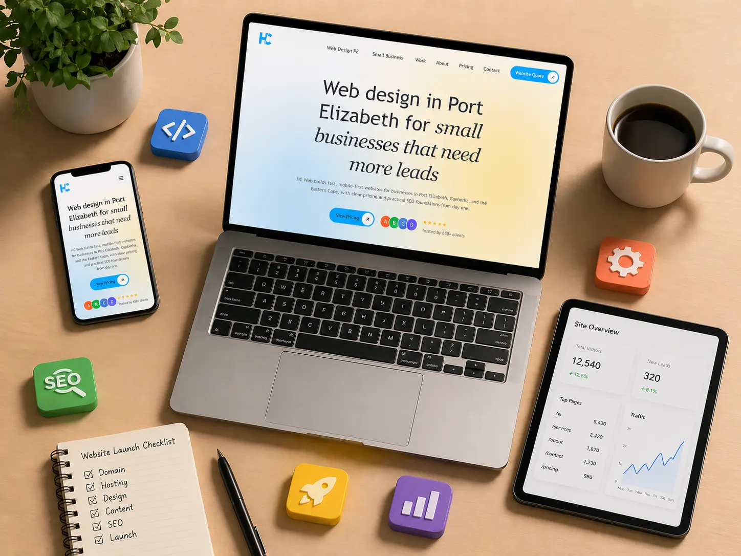 Responsive website design workspace with laptop, phone, analytics dashboard, and launch checklist